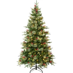Sale The Holiday Aisle 72" H Regular Realistic Artificial Pvc And Pe Blend Pine Christmas Tree 200 Led Steady/Constant Lights And Berries