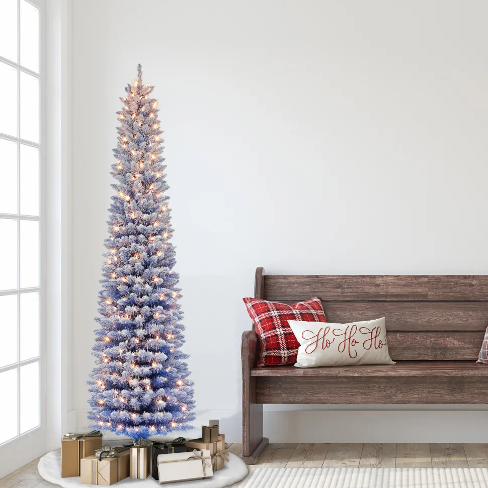 Discount The Holiday Aisle 78" H Slender Blue Fir Flocked/Frosted Christmas Tree With 200 Lights