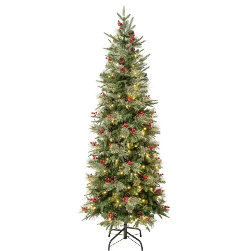 Sale The Holiday Aisle 72" H Slender Realistic Artificial Pvc And Pe Blend Pine Christmas Tree 200 Led Steady/Constant Lights And Berries
