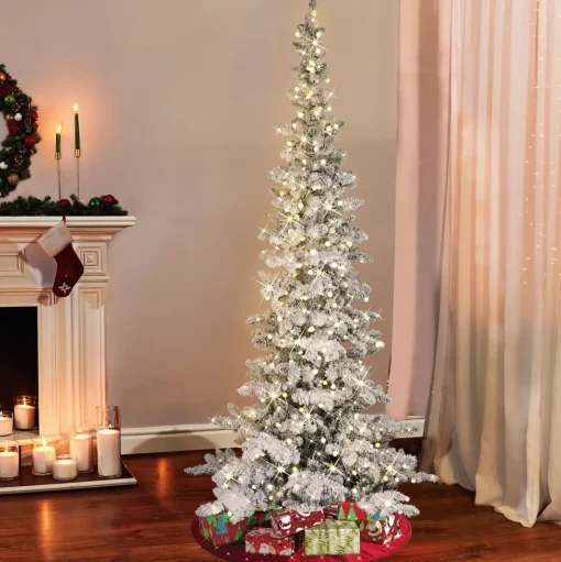 Outlet The Holiday Aisle 7.5' H White/Green Realistic Artificial Pine Flocked/Frosted Christmas Tree With 400 Lights Led