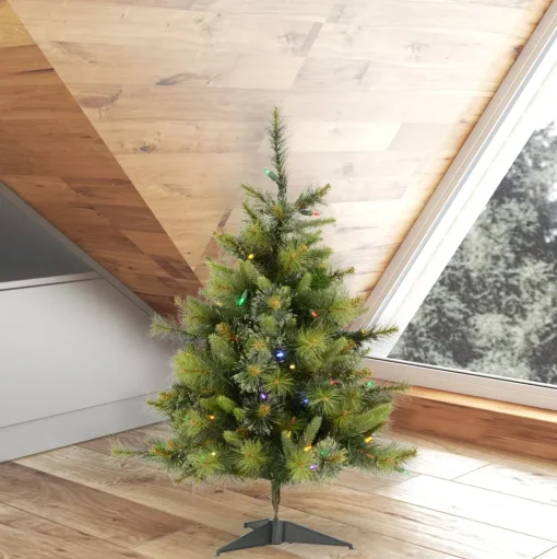 Hot The Holiday Aisle Cashmere 3' Green Pine Artificial Christmas Tree With 100 Dura-Lit Multi-Colored Lights With Stand
