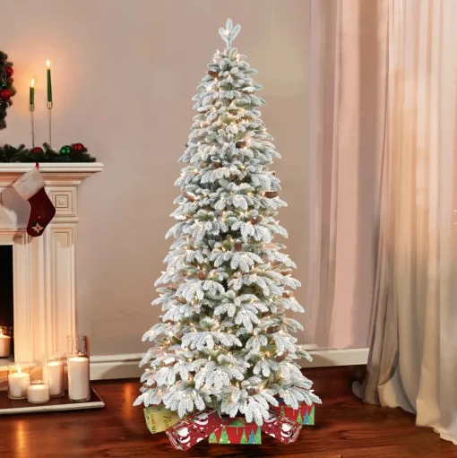 Best The Holiday Aisle Flocked Slim Montville 7.5' Green/White Spruce Artificial Christmas Tree With 450 Clear/White Lights