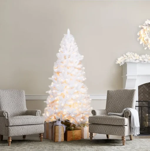Discount Martha Stewart Flocked White Spruce Artificial Christmas Tree With Clear/White Lights