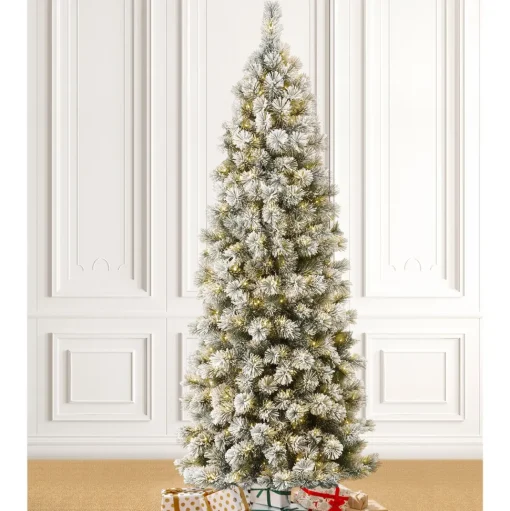 Best The Twillery Co. 7.5Ft Slender Flocked Pine Christmas Tree With 350 Led Lights