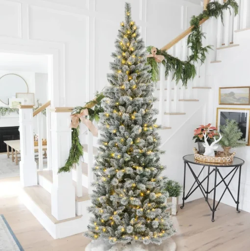 Best The Holiday Aisle 9Ft Slender Flocked/Frosted Artificial Pine Christmas Tree With 450 Led Lights