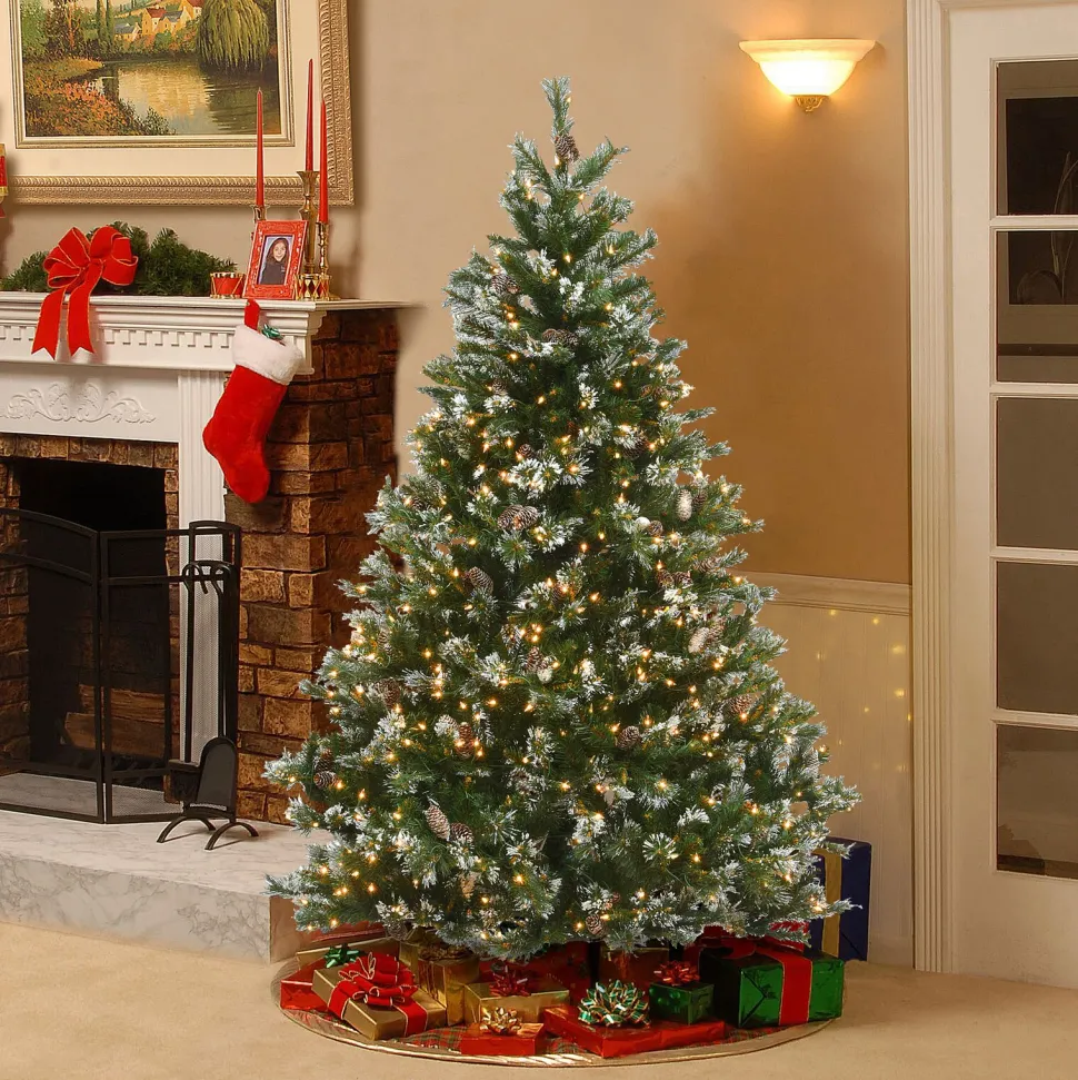 Cheap The Holiday Aisle Glittery Green Artificial Pine Flocked Christmas Tree Pinecones