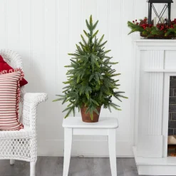 Shop The Holiday Aisle Nearly Natural 2.5' Green Fir Artificial Christmas Tree With 50 Lights & White Lights