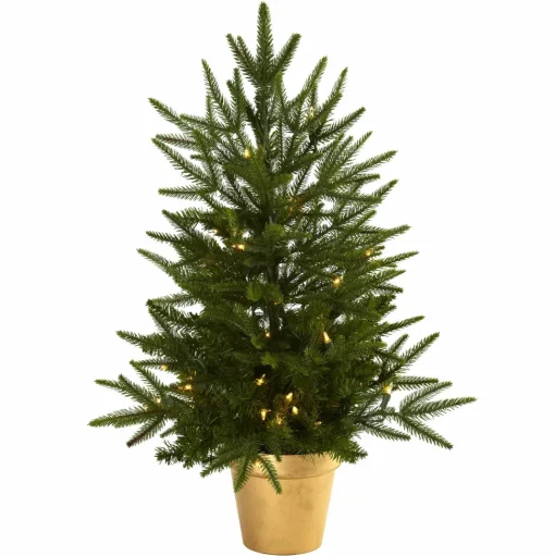 Shop The Holiday Aisle Nearly Natural 2.5' Green Fir Artificial Christmas Tree With 50 Lights & White Lights
