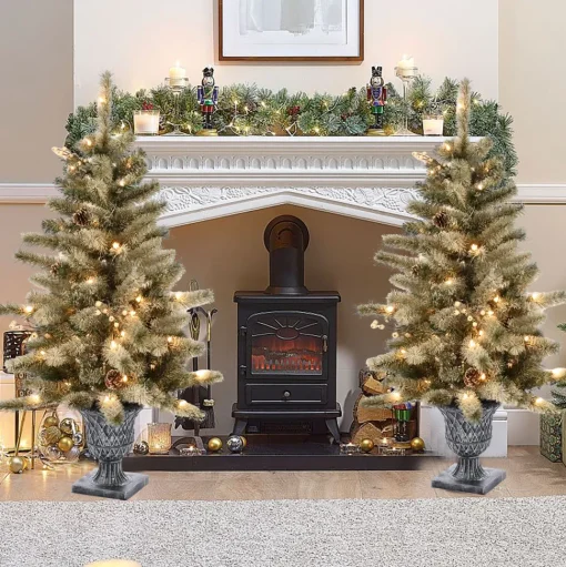 Hot The Holiday Aisle Set Of 2 4Ft Pre-Lit Led Artificial Flocked Pine Christmas Tree With Pine Cones And Urn Pot