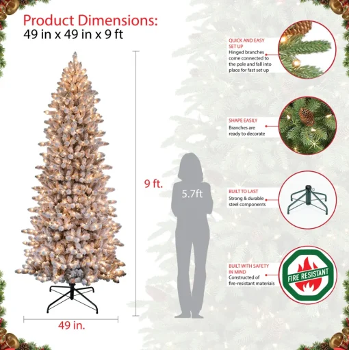 Outlet The Holiday Aisle Slim Flocked Fraser 9' Green/White Fir Artificial Christmas Tree With 800 Clear/White Lights