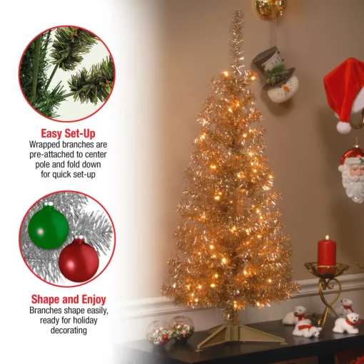Sale The Holiday Aisle Tinsel Trees Champagne Pine Artificial Christmas Tree With 150 Clear/White Lights