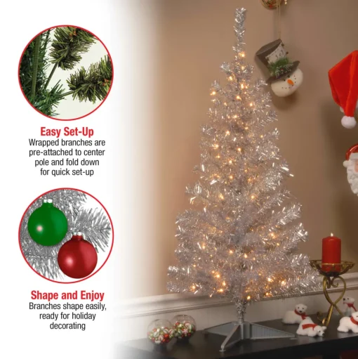 Hot Hashtag Home Tinsel Trees Silver Pine Artificial Christmas Tree With Clear Lights